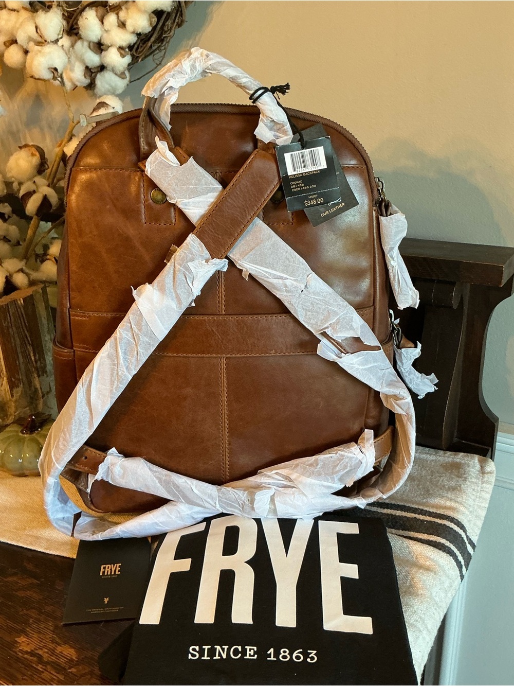 NWT Frye Melissa Leather Large Backpack Luggage Sleeve Cognac Brown MSRP $348 - Picture 5 of 15